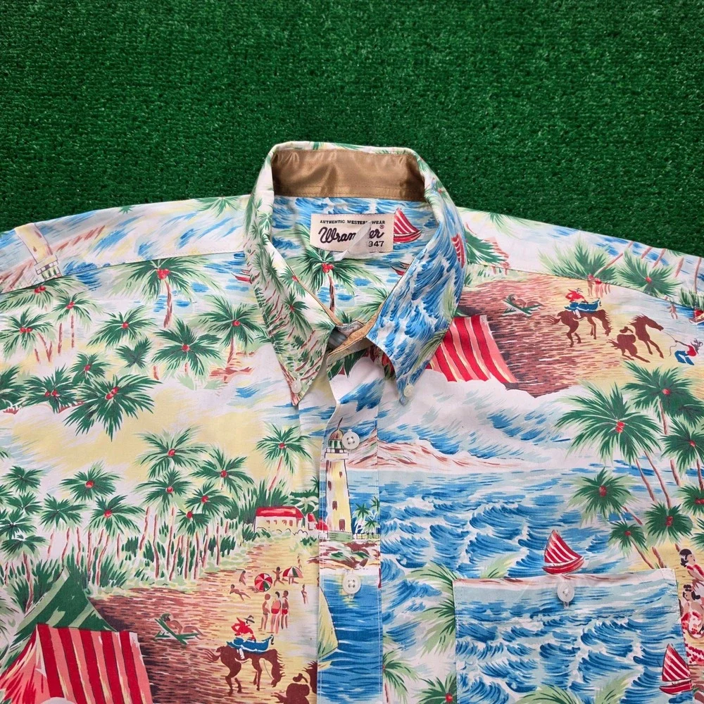 Wrangler Western 1947 Shirt Mens 2XL Hawaiian Beach Island Paradise Sailboat AOP